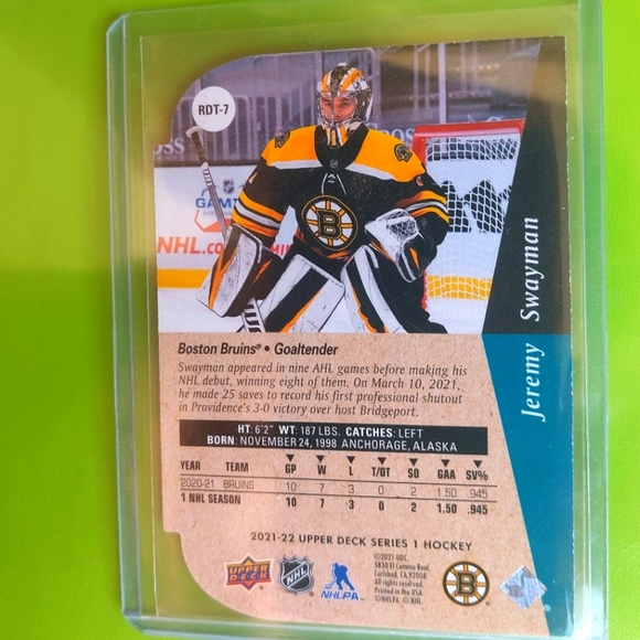 Jeremy Swayman Boston Bruins Goalie Rookie Card Insert RDT-7 2021/22 - Picture 2 of 2